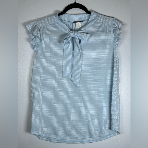 Chic Blue Cap Sleeve Blouse with Tie Front. Officecore. Wear to Work. Career. - Picture 1 of 6